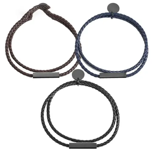 BTM1557 Stainless Steel Double-Layered Braided PU Leather Bracelet Cool Unisex Couples' Jewelry