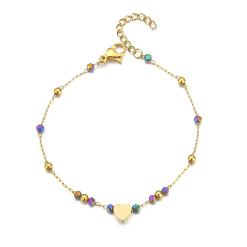 BTM1622 Ethnic Colorful Beaded Bracelet for Women 14K Gold Plated Heart Charm Jewelry
