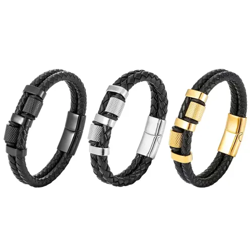 BTM756 Men's Stainless Steel Punk Leather Bracelet Double Layer Braided Rope Wristband Jewelry