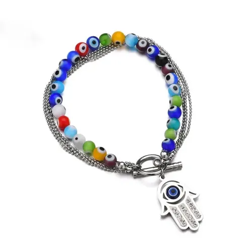 BTM1612 Rainbow Eye Fatima Multi-Layer Beaded Chain Bracelet Titanium Steel Women's Jewelry