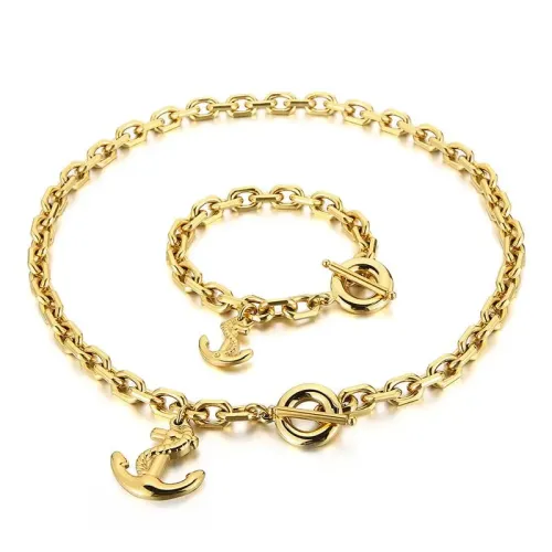 BTM1238 Navy-Inspired Jewelry Set: Titanium Steel Anchor Cross Pendant Women’s Bracelet and Necklace Combo