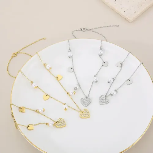 BTM1225 Diamond Heart Titanium Necklace White Pearl Pendant Bracelet Set Love Inspired Jewelry