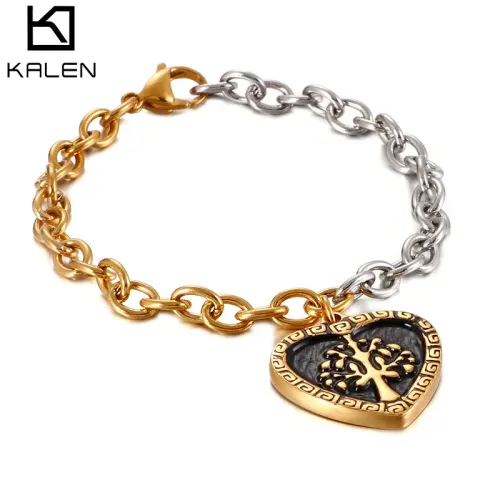BTM1099 Black Epoxy Tree of Life Heart-Shaped Ladies' Bracelet with Gold O-Ring Elegant Jewelry