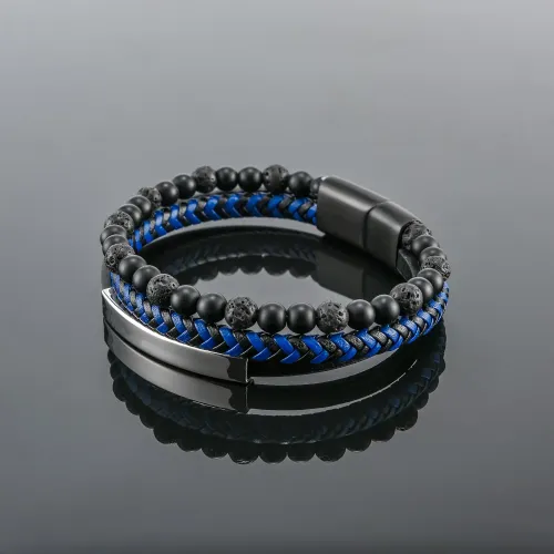BTM813 Men's Natural Stone Lava Bead Leather Bracelet with Stainless Steel Magnetic Clasp