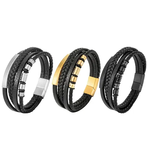 BTM848 Stainless Steel Multi-Layer Leather Cord Bracelet Men's Titanium Magnetic Buckle Wristband