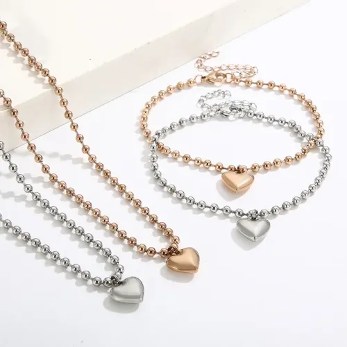 BTM1013 18K Gold-Plated Stainless Steel 3D Heart Bead Necklace and Bracelet Set for Women