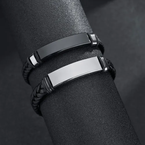 BTM678 Custom Engraved Logo Leather Bracelet | Stainless Steel Twisted Braid Wristband