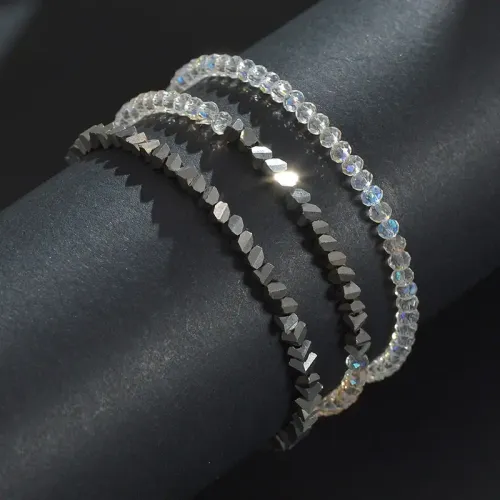 BTM1791 Triple-Layer Crystal Bead Stretch Bracelet for Women Stainless Steel Direct Shipping