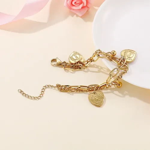 BTM1201 Punk Double-Layer Chain Heart Bead Stainless Steel Bracelet for Women Edgy Fashion