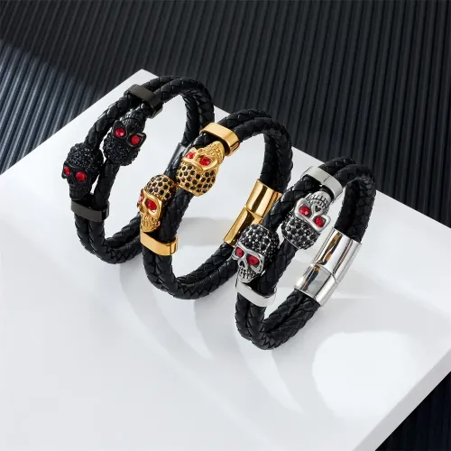 BTM855 Top Layer Cowhide Braided Genuine Leather Men's Bracelet with Stainless Steel Skull