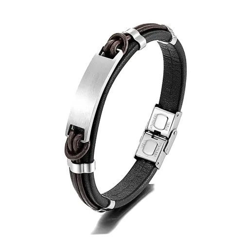 BTM835 DIY Men's Black Leather Cord Bracelet with Stainless Steel Tag