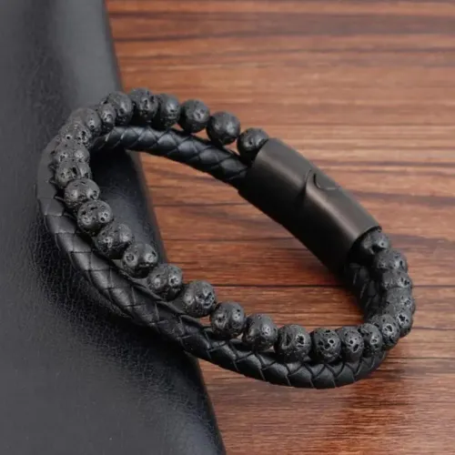 BTM761 Men's Titanium Steel Bracelet with Natural Volcanic Lava Stones Dual Row Leather Cord with Magnetic Clasp