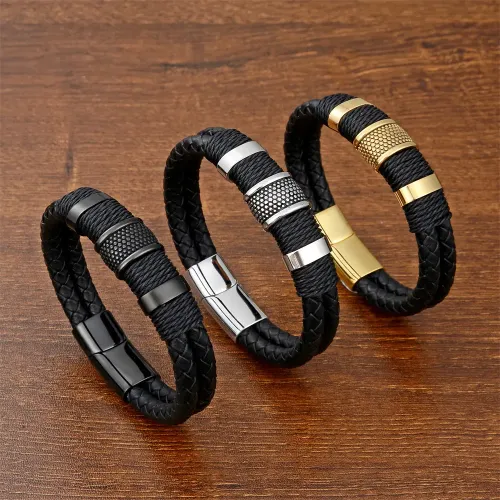 BTM770 Men's Stainless Steel Double-Layer Braided Leather Bracelet | Titanium Steel Wristband Accessory