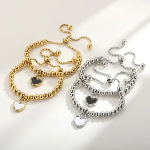 BTM1227 Handcrafted Stainless Steel Beaded Bracelet with Resin Heart Bead Pull Cord Love Inspired Jewelry