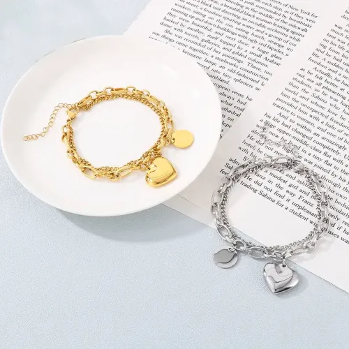 BTM1158 Heart-Shaped Titanium Steel Bracelet 18K Gold-Plated Double-Layer Love Jewelry for Women