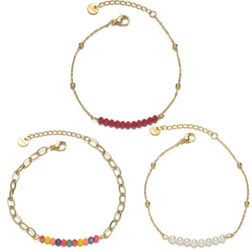 BTM1801 14K Gold Beaded Chain with White Pearls Colorful Beads Bracelet Stainless Steel Women's Jewelry
