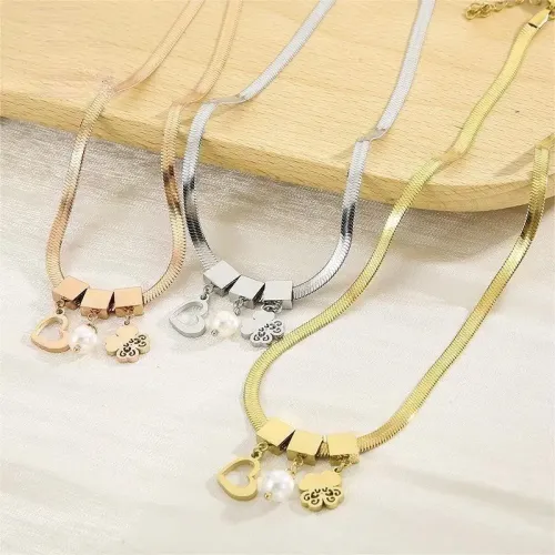 BTM1226 Heart-Shaped Pearl Snake Bone Chain Set Titanium Steel Necklace and Blade Bracelet for Women