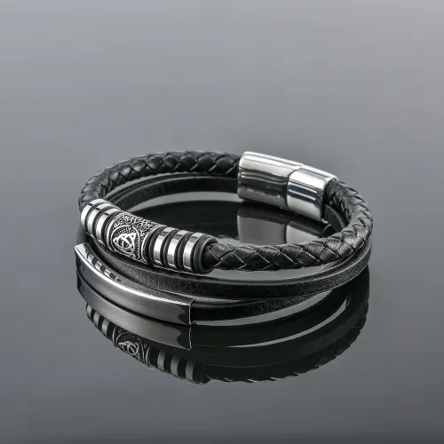 BTM793 Viking Men's Leather Bracelet Multi-Layer Woven Stainless Steel Magnetic Clasp Wristband