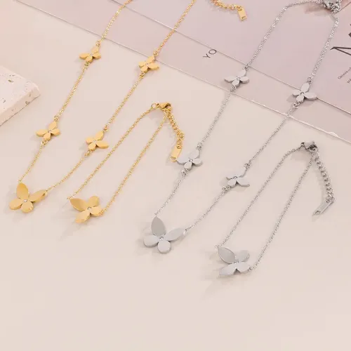 BTM942 Lucky Clover Bracelet and Titanium Steel Necklace Set for Women Fortunate Jewelry Combo
