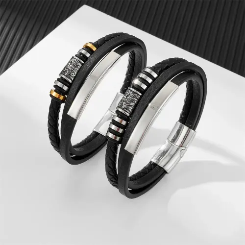 BTM802 Men's Stainless Steel Curved Tag Titanium Devil Angel Multi-Layer Leather Bracelet