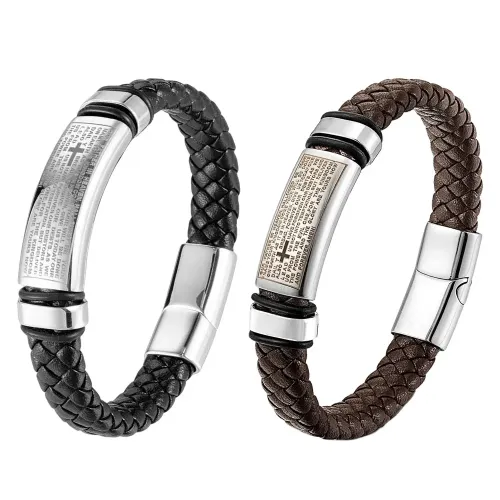 BTM806 Men's Woven Leather Bracelet with Stainless Steel Cross DIY Customizable Band