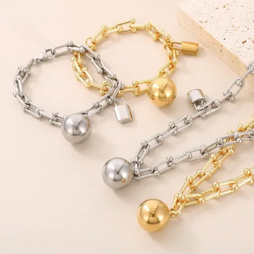 BTM1249 Sphere Pendant Lock Charm Women's Bracelet and Necklace Set Stainless Steel Jewelry