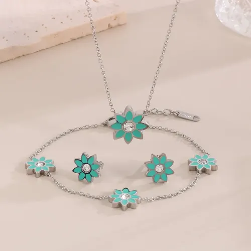 BTM994 Green Daisy Drop Oil Flower Jewelry Set Titanium Steel Bracelet Necklace Earrings