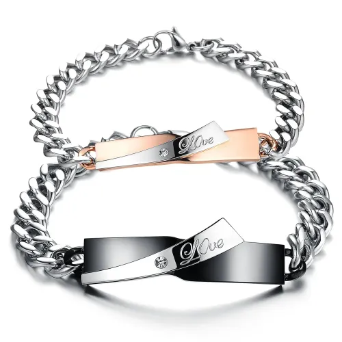 BTM1379 Polished Stainless Steel Curved Tag Couple Bracelets Titanium Steel Engraved Jewelry