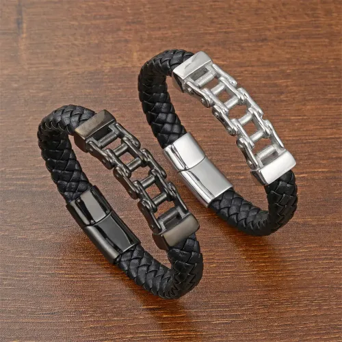 BTM788 Men's Biker Chain Stainless Steel Leather Bracelet Punk Genuine Leather Woven Wristband