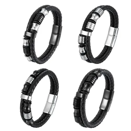 BTM784 Men's Double-Layer Cowhide Rope Titanium Steel Bracelet Handcrafted Multi-Layer Leather Wristband