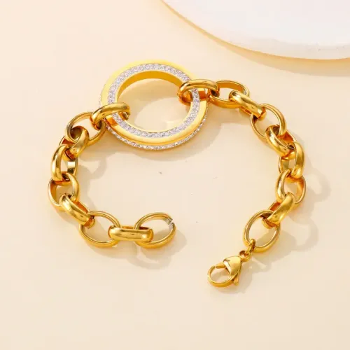 BTM1357 Luxury Titanium Steel Jewelry Set: Chunky Chain Diamond-Studded Circle Necklace Bracelet Earrings