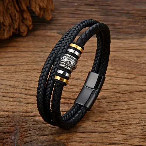 BTM742 Men's Multi-layer DIY Leather Bracelet Woven Rope Titanium Steel Accessory