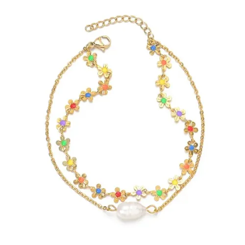 BTM1665 Double-Layer Colorful Enamel Flower Pearl Bracelet for Women Stainless Steel Stacking Jewelry