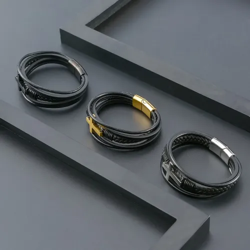 BTM760 Men's Stainless Steel Cross Leather Bracelet Multi-Layer Braided Rope Wristband
