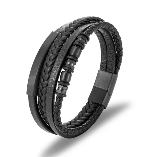 BTM815 Men's Punk Multi-Layer Woven Leather Bracelet with Stainless Steel Charms
