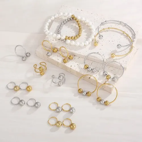 BTM934 Stainless Steel Pearl Chain Bracelet Sphere Ring Earrings Set for Women Elegant Jewelry