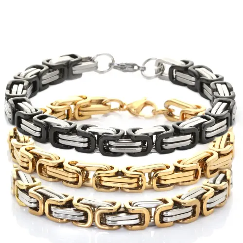 BTM672 Men's Titanium Steel Bracelet with Gold Interlay Clasp and Stainless Steel Emperor Chain