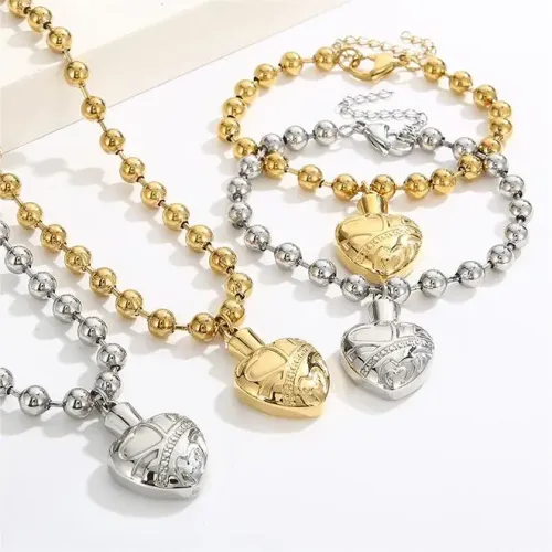 BTM1150 Heart-Shaped Bead Stainless Steel Jewelry Set Women's Bracelet Necklace Combo