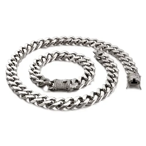 BTM1367 Titanium Steel Cuban Link Bracelet Necklace Set Hip Hop Fashion Jewelry
