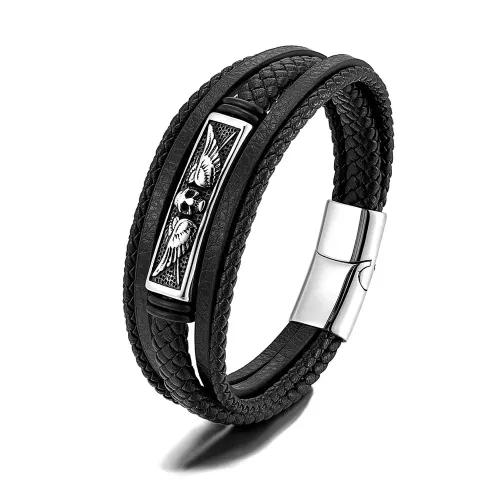BTM796 Men's Multi-Layer Leather Cord Bracelet Stainless Steel Punk Jewelry Accessory
