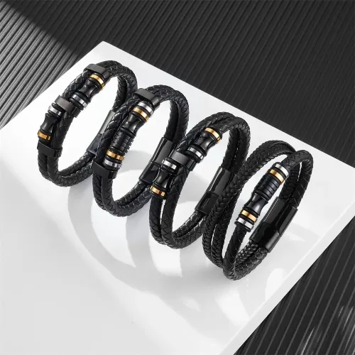BTM768 Men's Leather Cord Bracelet Stainless Steel Magnetic Leather Wristband Accessory
