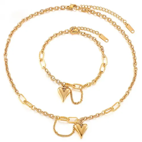 BTM1117 Gold Titanium Steel Heart Pendant Necklace Adjustable Bracelet Set Elegant Jewelry