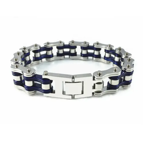 BTM1497 Men's Blue Titanium Steel Motorcycle Bracelet Wide Stainless Steel Biker Chain