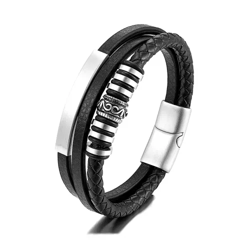 BTM777 DIY Handcrafted Men's Stainless Steel Multi-Layer Leather Cord Bracelet with Magnetic Clasp