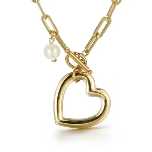 BTM1164 Stainless Steel Chunky Chain Heart Bracelet Necklace Set with Square OT Clasp Trendy Jewelry