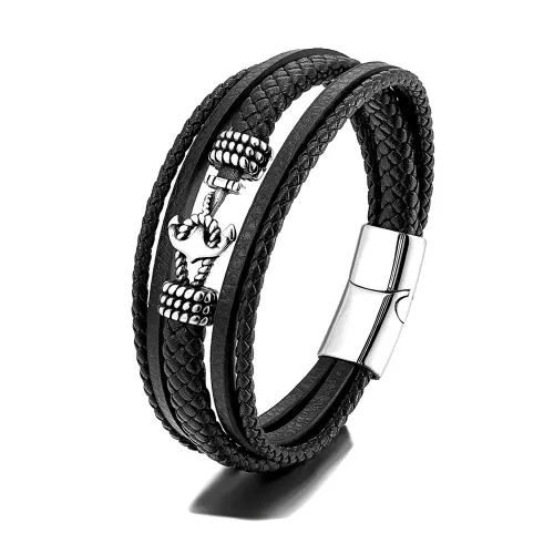BTM797 Men's Stainless Steel Anchor Leather Bracelet Multi-Layer Woven Band