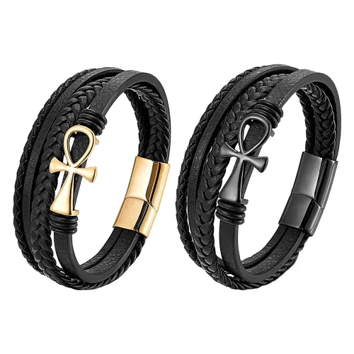 BTM798 Handcrafted Multi-Layer Leather Bracelet with Stainless Steel Cross Magnetic Clasp for Men