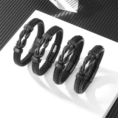 BTM801 Men's Black Twisted Leather Bracelet with Stainless Steel Clasp