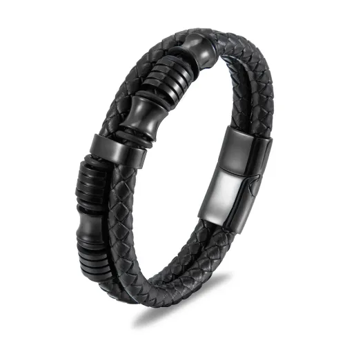 BTM782 Black Leather Stainless Steel Men's Bracelet Sleek Leather Wristband
