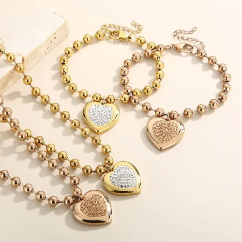BTM1173 Titanium Steel Diamond Heart Bead Necklace Bracelet Set for Women Elegant Jewelry Combo